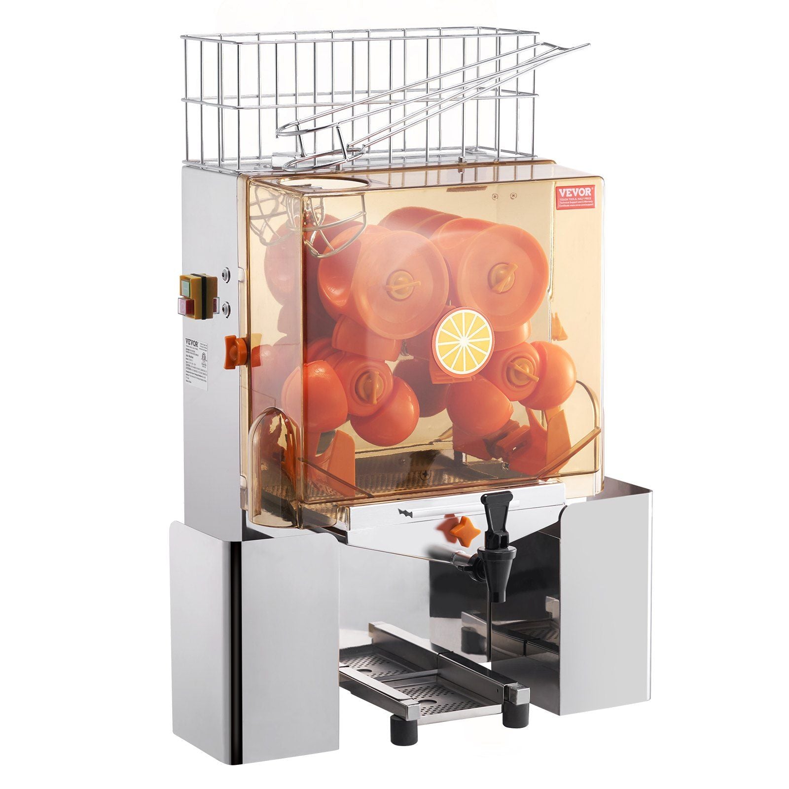 Commercial Orange Juicer Machine, 120W Automatic Juice Extractor with Water Tap, Stainless Steel Orange Squeezer 20 Oranges/Minute, with Pull-Out Filter Box, PC Cover, 2 Peel Collecting Buckets